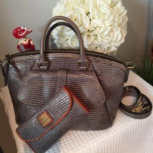 Dooney & Bourke (Authentic) Croc-Embossed Grey Bag with Matching Wallet